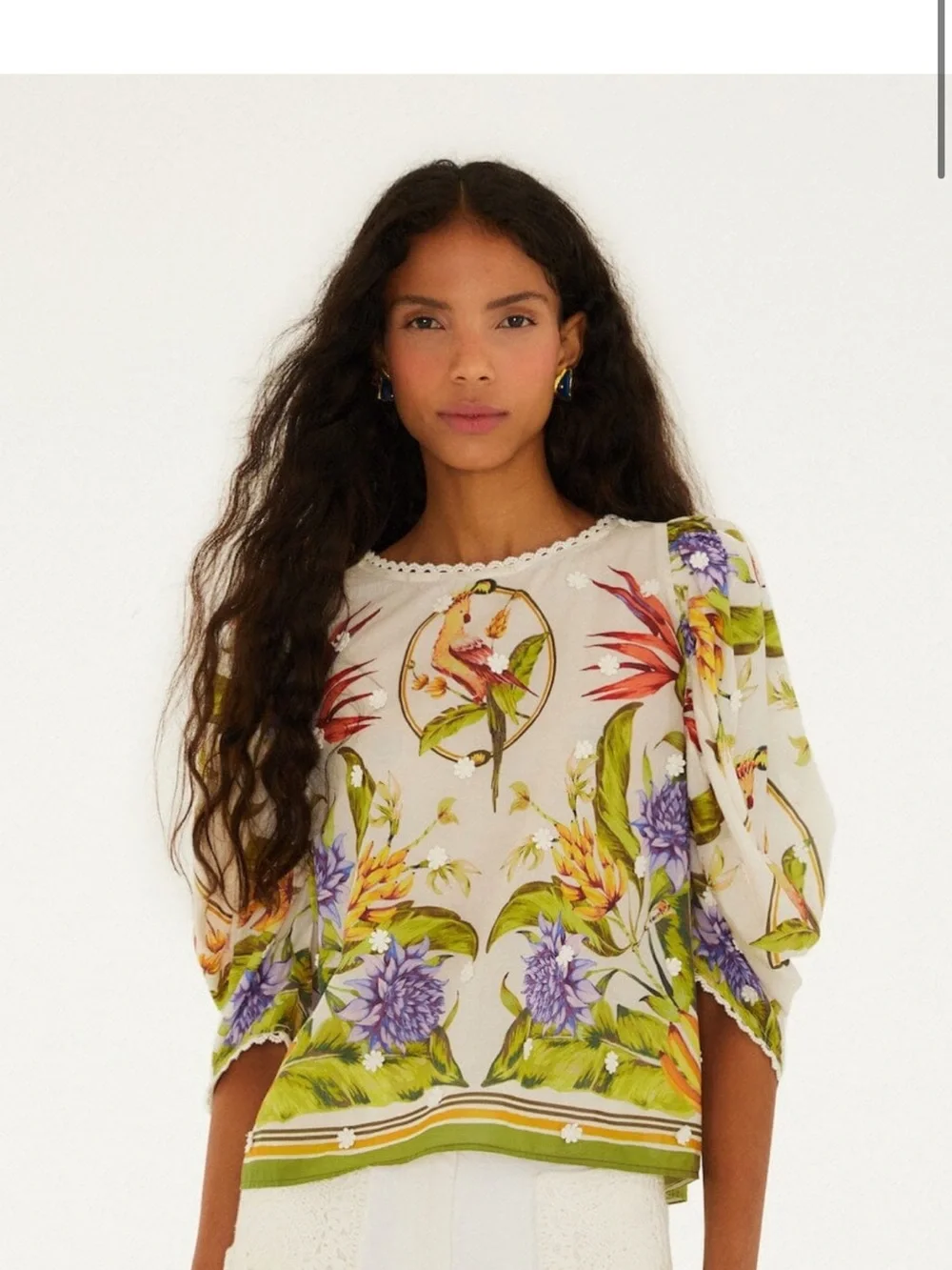 Floral Printed Puff-Sleeve Top in Cream and Green
